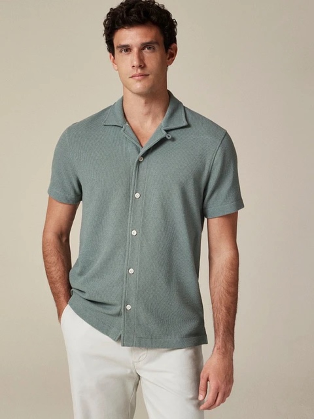 J.Crew Men's Textured Knit Camp-Collar Shirt M Sage Green EUC Short Sleeve